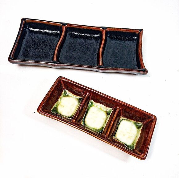 Two Ceramic 3-Saucer Soy, Ginger, Wasabi Serving Dishes - Picture 2 of 7